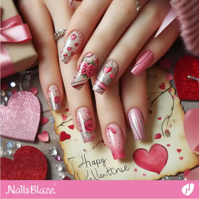 Nails with Pink Rose Flower Design for Love Day | Valentine Nails - NB2402